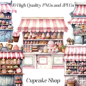 Clipart aquarelle de boutique de cupcakes, 10 fichiers JPEG et PNG de haute qualité, clipart boulangerie desserts, bonbons mignons, graphiques imprimables