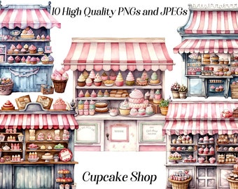 Watercolor cupcake shop clipart, 10 high quality JPEG and PNG files, desserts bakery clip art, cute sweets, printable graphics