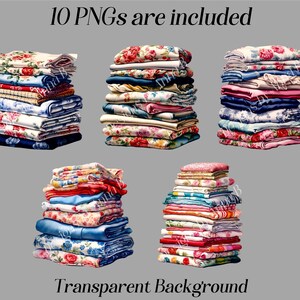 May include: Ten digital images of stacks of folded fabric in various floral patterns. The fabric is in shades of pink, blue, red, and white. The background is transparent.