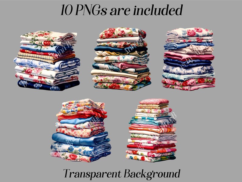 May include: Ten digital images of stacks of folded fabric in various floral patterns. The fabric is in shades of pink, blue, red, and white. The background is transparent.