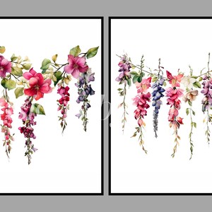 May include: Two watercolor paintings of pink, purple, and white flowers hanging from a branch. The flowers are arranged in a garland shape.
