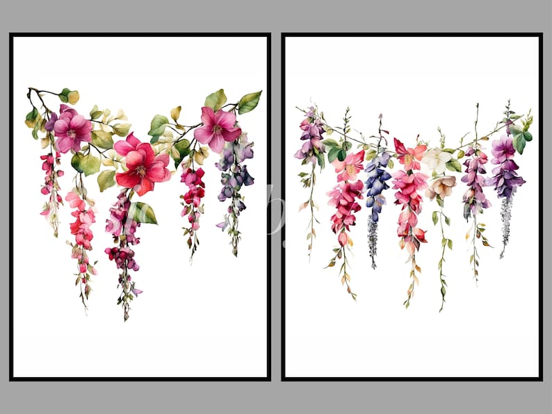 May include: Two watercolor paintings of pink, purple, and white flowers hanging from a branch. The flowers are arranged in a garland shape.