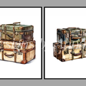 May include: Two vintage suitcases stacked on top of each other. The top suitcase is green with brown leather accents. The bottom suitcase is beige with brown leather accents and metal hardware.