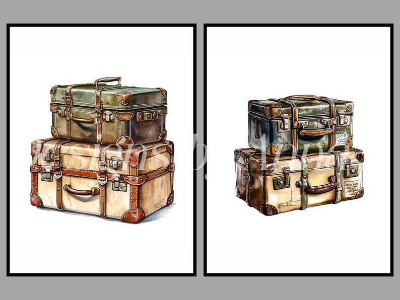 May include: Two vintage suitcases stacked on top of each other. The top suitcase is green with brown leather accents. The bottom suitcase is beige with brown leather accents and metal hardware.