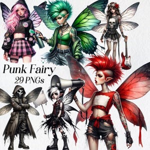 Imágenes prediseñadas de hada punk, imágenes prediseñadas de hada gótica de acuarela, png, rock and roll, niña con alas, ilustración de hada rebelde, imágenes imprimibles, digitales