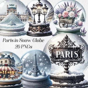 Imágenes prediseñadas de París, imágenes prediseñadas de globo de nieve parisino de acuarela, png, francés, Francia, París de invierno, paisaje, rústico, shabby chic, panadería, calle