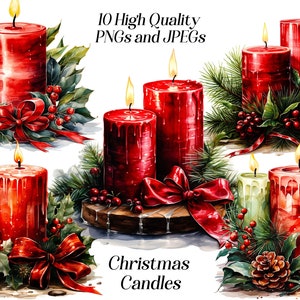 Aquarell Weihnachtskerzen Clipart, 10 hochwertige JPEG- und PNG-Dateien, Weihnachten Clip Art, Winterferien, Kartenherstellung, Weihnachtsdeko