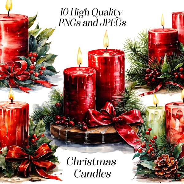 Watercolor Christmas candles clipart, 10 high quality JPEG and PNG files, xmas clip art, winter holidays, card making, Christmas decor