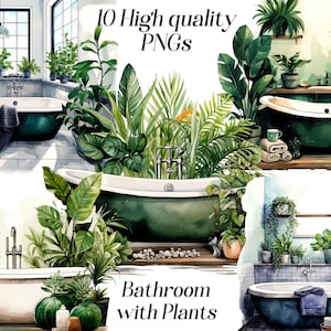 Aquarel badkamer met planten clipart, 10 hoge kwaliteit PNG-bestanden, huis clipart, bad clipart, interieur, planten illustraties, afdrukbaar