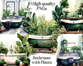 Salle de bain aquarelle avec plantes clipart, 10 fichiers PNG de haute qualité, clipart maison, clipart salle de bain, décoration d'intérieur, clipart plantes, imprimable