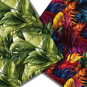 May include: Two seamless patterns featuring tropical leaves. The first pattern has green leaves on a white background. The second pattern has red, blue, and yellow leaves on a black background.