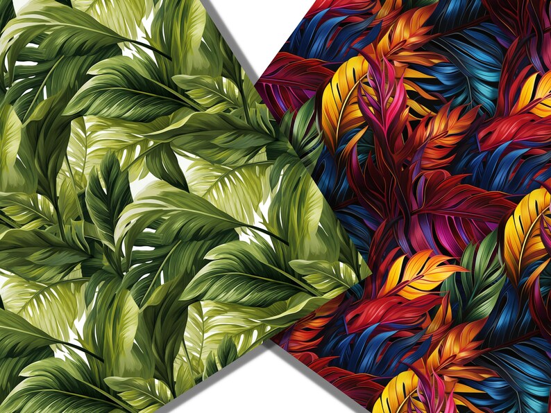 May include: Two seamless patterns featuring tropical leaves. The first pattern has green leaves on a white background. The second pattern has red, blue, and yellow leaves on a black background.
