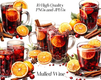 Watercolor Mulled Wine Clipart: Festive Winter Drink (JPEG, PNG)