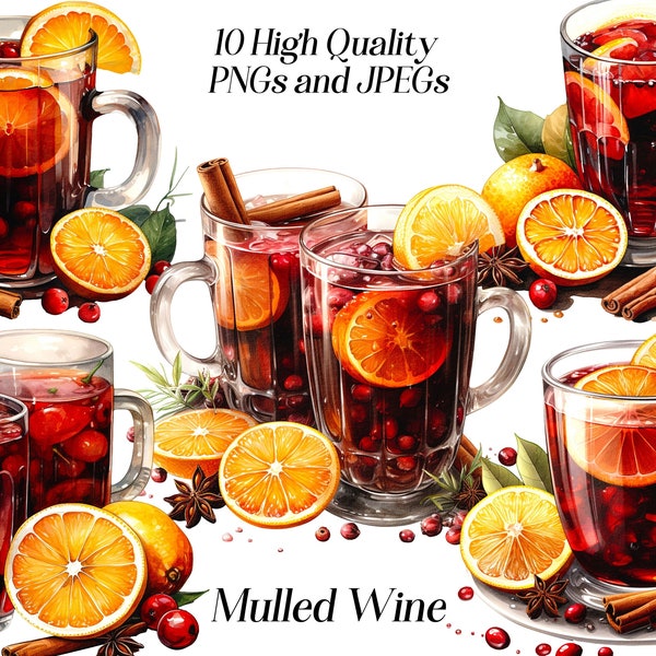 Watercolor mulled wine clipart, 10 high quality JPEG and PNG files, christmas clipart, winter holidays, festive food and drink, printables