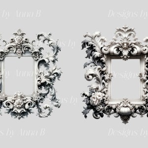 May include: Two ornate white and grey picture frames with intricate floral designs. The frames are empty and have a square shape.