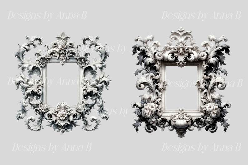 May include: Two ornate white and grey picture frames with intricate floral designs. The frames are empty and have a square shape.