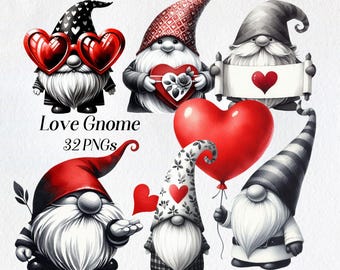 Watercolor Valentine Gnome Clipart: Love Hearts Illustration (32 PNG Digital Download)