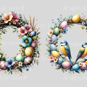 以下が含まれることがあります： パステルカラーの卵、ピンクとブルーの花、青い鳥で飾られたイースターのリースが2つ。リースは編まれた小枝で作られています。