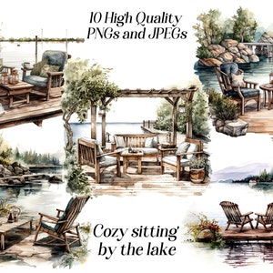 Watercolour cozy sitting by lake clipart, 10 High quality JPEG and PNG files, cozy reading area, landscape clipart, lake life, illustration