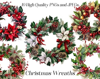 Watercolor Christmas Wreath clipart, 10 high quality JPEG and PNG files, christmas clipart, watercolor wreath clipart, winter holiday