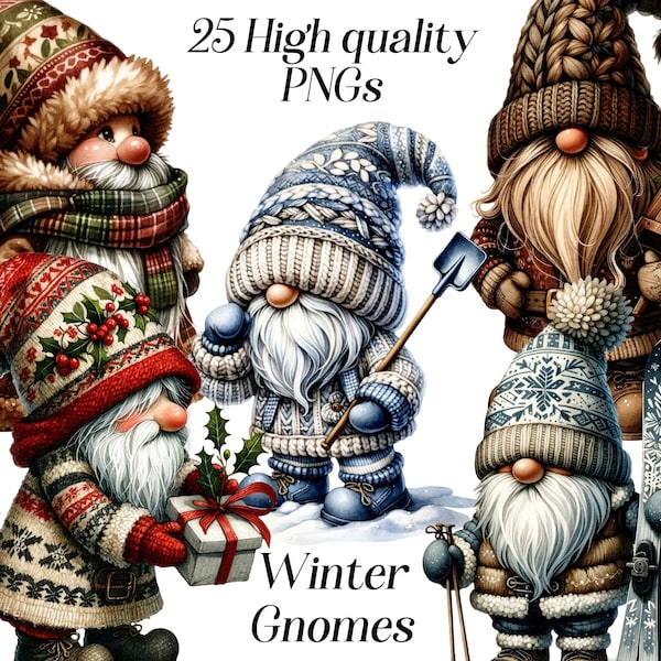 Watercolor Winter Gnome clipart, 25 high quality PNG files, winter clipart, christmas clipart, printable graphics, festive cozy winter