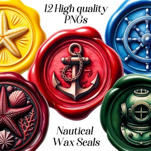 May include: Twelve high-quality PNG images of nautical wax seals. The seals feature a variety of designs, including a starfish, an anchor, a ship's wheel, and a diving helmet. The seals are all in different colors, including red, blue, green, and yellow.