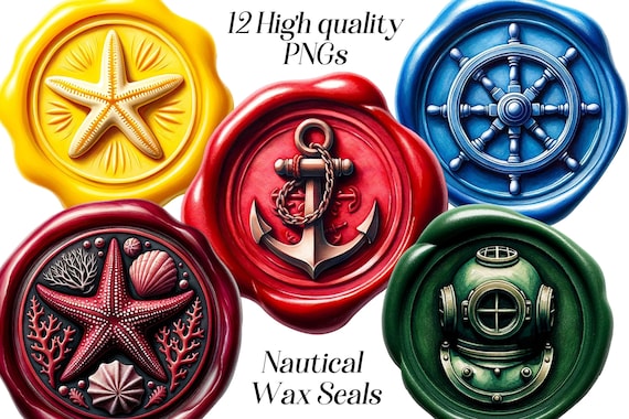 Watercolor Nautical Wax Seal Clipart: 12 PNG Files (Digital Download)