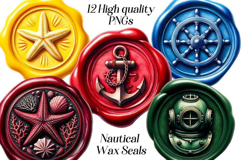 May include: Twelve high-quality PNG images of nautical wax seals. The seals feature a variety of designs, including a starfish, an anchor, a ship's wheel, and a diving helmet. The seals are all in different colors, including red, blue, green, and yellow.