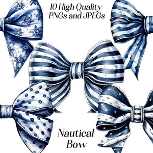 Watercolor blue bow clipart, 10 high quality JPEG and PNG files, nautical clipart, marine decor, blue white bow, cute bow illustration