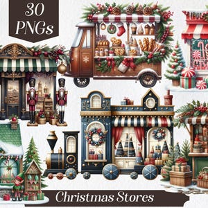 Clipart de tienda navideña, tienda navideña, frente de la tienda, edificio festivo, puesto de mercado, Navidad, Navidad en acuarela, país de las maravillas invernal