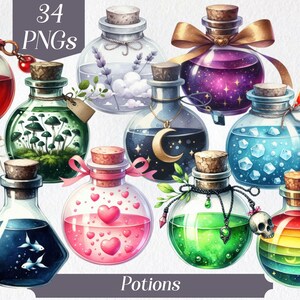Puede incluir: 34 imágenes PNG de botellas de poción de colores con varios diseños e ingredientes. Las botellas son de diferentes formas y tamaños, y algunas tienen tapones de corcho. El texto "Potions" está en la parte inferior de la imagen.