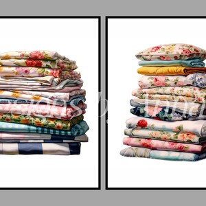 May include: Two stacks of folded fabric in a variety of floral patterns, including pink, blue, yellow, and green. The fabric is arranged in a neat pile, with the top layer folded over the bottom layer.