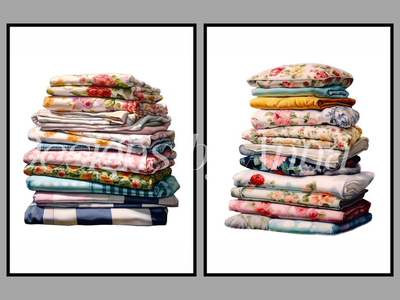 May include: Two stacks of folded fabric in a variety of floral patterns, including pink, blue, yellow, and green. The fabric is arranged in a neat pile, with the top layer folded over the bottom layer.