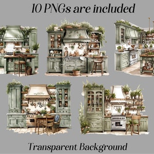 Puede incluir: Un conjunto de 10 im&aacute;genes de clipart digitales que muestran una cocina verde con un estilo de granja. La cocina cuenta con una isla grande, una estufa, un refrigerador y una variedad de gabinetes y estantes. La cocina est&aacute; decorada con plantas y flores. Las im&aacute;genes tienen un fondo transparente.