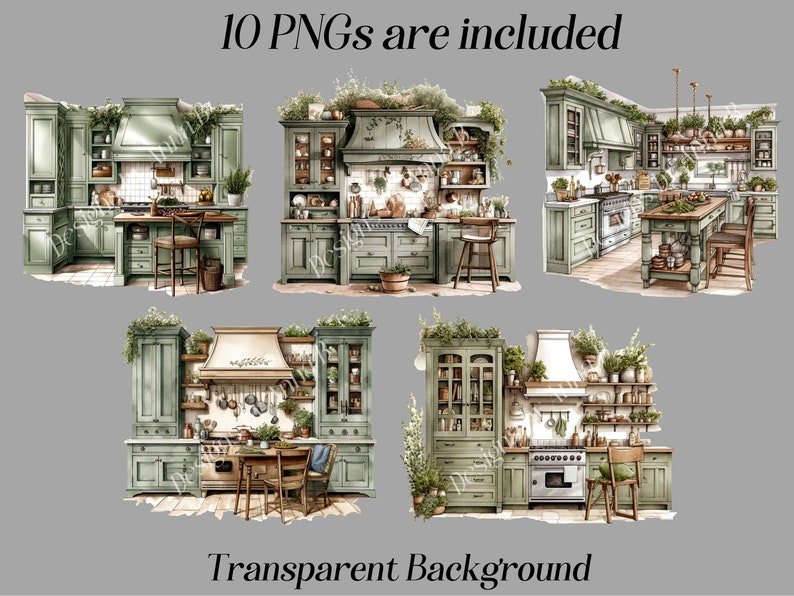 Puede incluir: Un conjunto de 10 im&aacute;genes de clipart digitales que muestran una cocina verde con un estilo de granja. La cocina cuenta con una isla grande, una estufa, un refrigerador y una variedad de gabinetes y estantes. La cocina est&aacute; decorada con plantas y flores. Las im&aacute;genes tienen un fondo transparente.
