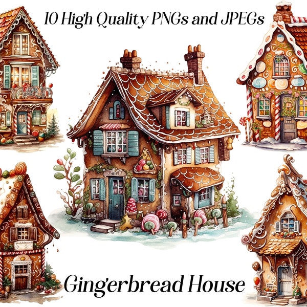 Watercolor gingerbread house clipart, 10 high quality JPEG and PNG files, Xmas house, Winter holiday clip art, printable graphics