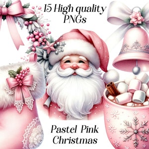 Acuarela Pastel Pink Christmas clipart, 15 archivos PNG de alta calidad, gráficos navideños, lindas imágenes de Navidad, festivo, imágenes prediseñadas de vacaciones de invierno