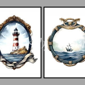 May include: Two watercolor illustrations of nautical scenes. The first image features a red and white lighthouse on a rocky island with blue water and a cloudy sky. The second image features a ship sailing on the ocean with a rope frame and the text "Always remember, once we set sail, we are never truly home".