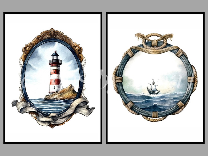 May include: Two watercolor illustrations of nautical scenes. The first image features a red and white lighthouse on a rocky island with blue water and a cloudy sky. The second image features a ship sailing on the ocean with a rope frame and the text "Always remember, once we set sail, we are never truly home".