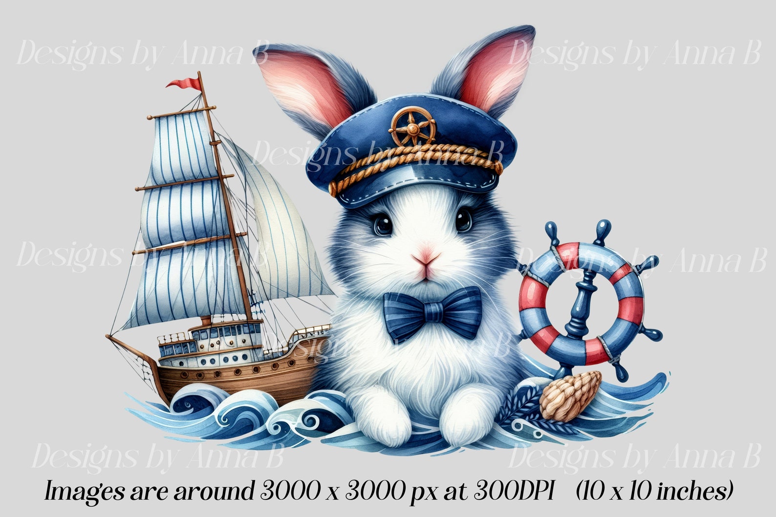 Watercolor Nautical Bunny Clipart: Sea Captain Rabbit PNG (12 Files) - Etsy
