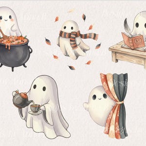 Może przedstawiać: Akwarelowa ilustracja pięciu uroczych duch&oacute;w w r&oacute;żnych scenach Halloween. Jeden duch miesza w kociołku, inny nosi szalik, trzeci czyta, czwarty nalewa herbatę, a ostatni wygląda zza zasłon. Rozrzucone liście jesienne.