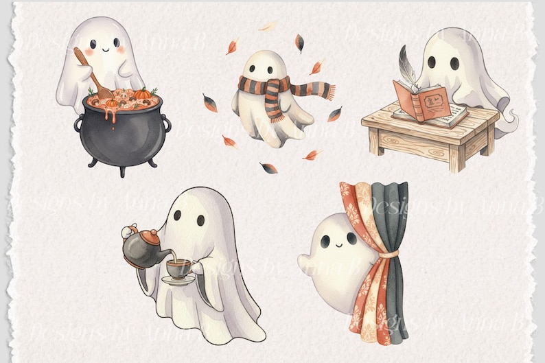Może przedstawiać: Akwarelowa ilustracja pięciu uroczych duch&oacute;w w r&oacute;żnych scenach Halloween. Jeden duch miesza w kociołku, inny nosi szalik, trzeci czyta, czwarty nalewa herbatę, a ostatni wygląda zza zasłon. Rozrzucone liście jesienne.