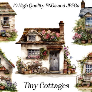 Clipart acquerello piccolo cottage, 10 file JPEG e PNG di alta qualità, cottagecore, clipart piccola casa, casa delle fate, grafica stampabile