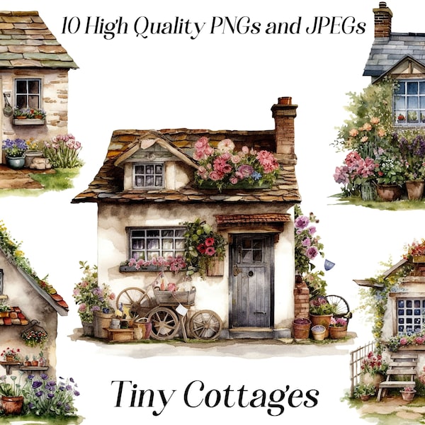 Watercolor tiny cottage clipart, 10 high quality JPEG and PNG files, cottagecore, tiny house clipart, fairy house, printable graphics