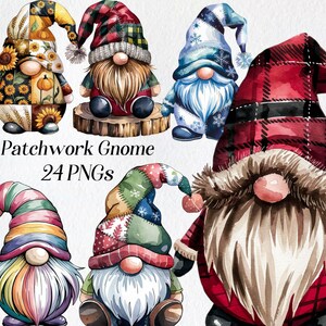 May include: Five watercolor gnomes with different patterned hats. The gnomes are wearing red, blue, green, and brown hats with white beards and noses. The gnomes are standing on a white background.