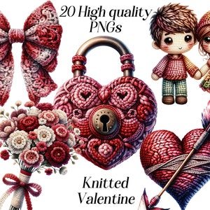 Gestrickte Valentinstag Clipart, Aquarell Strick Clip Art, png, garn, häkeln, süße Liebe, Paar, Stricken, digitale Grafik