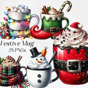 Feestelijke mok clipart, kerst clipart, vakantie clipart, warme chocolademelk, kerstmis, wintervakantie, gezellige beker, warme chocolademelk, drank clipart, decor
