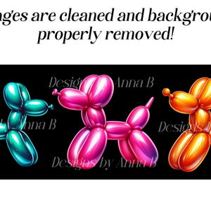 May include: Three balloon animal dog shapes in teal, pink, and orange. The balloon animals are isolated on a black background.