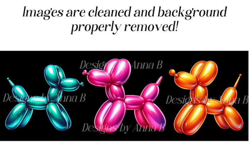 May include: Three balloon animal dog shapes in teal, pink, and orange. The balloon animals are isolated on a black background.