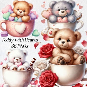 Clipart di San Valentino, clipart di orsacchiotto, simpatico orso png, orsacchiotto acquerello, illustrazione di orso, San Valentino, amore, cuori, stampabile, digitale